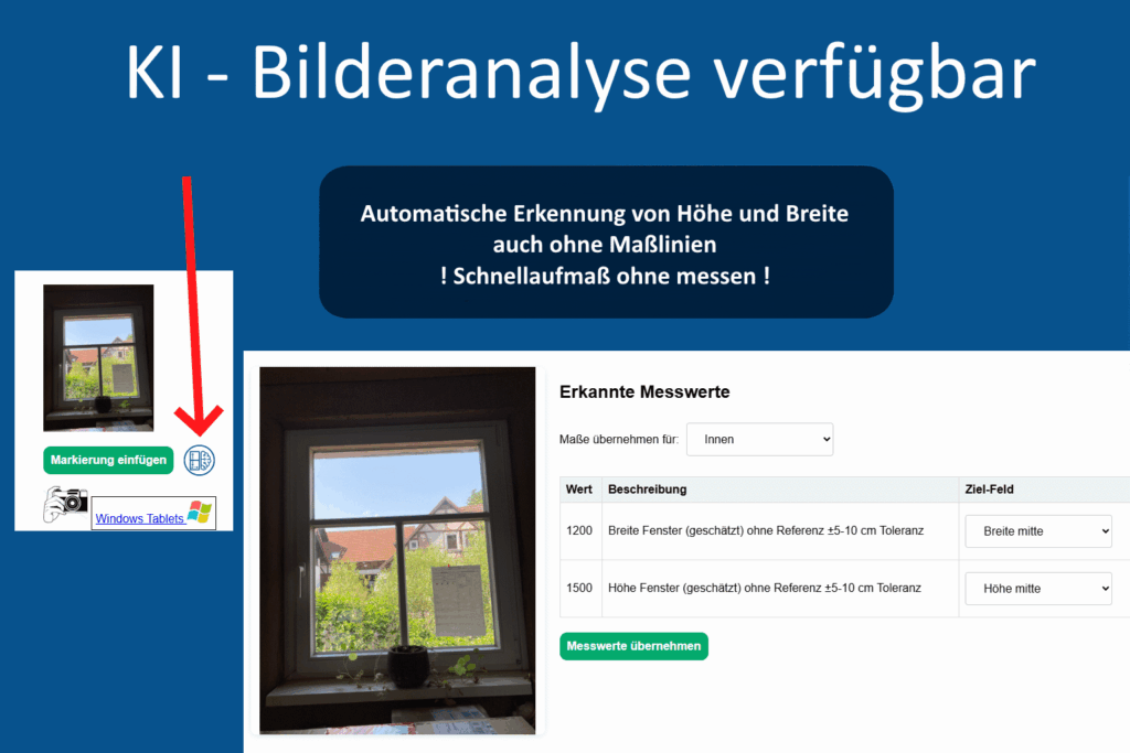 KI-Bilderanalyse in der Aufmaß App: erkannte Messwerte für Breite und Höhe eines Fensters mit Auswahl des Ziel-Feldes